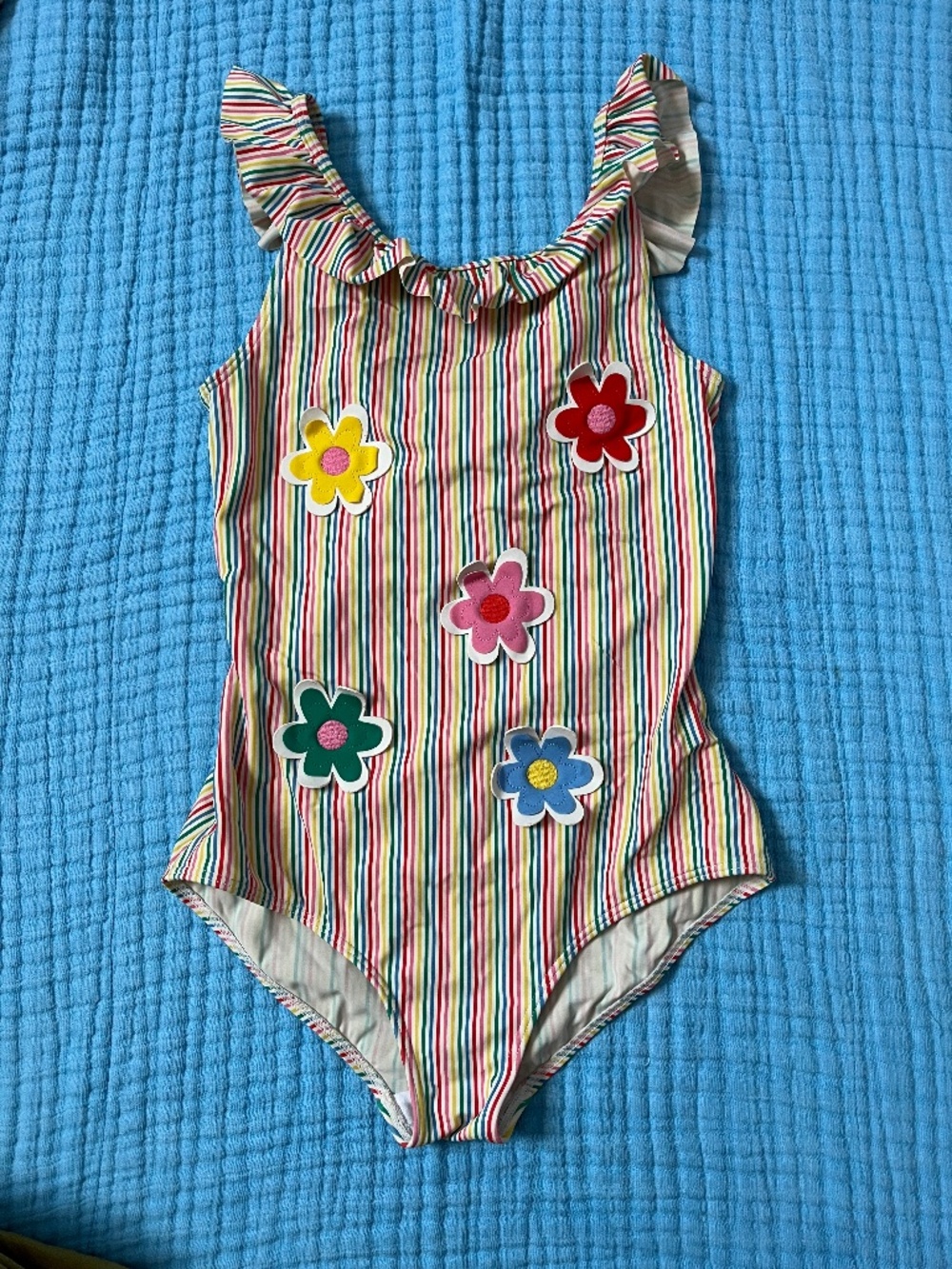 Mini Boden Floral Appliqué Stripe Ruffle One Piece Girls swimsuit size 11/12